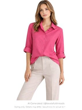 Salmon Pink No Iron Button Up Blouse Tab Sleeve Office Minimalist M